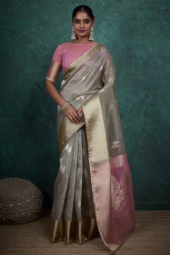 light grey linen blend woven sequin work saree