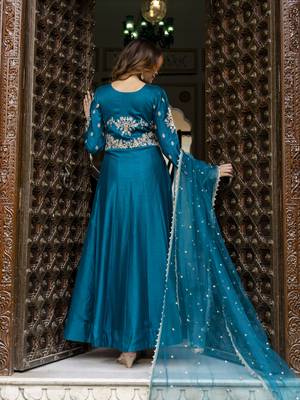 Art Silk Embroidery Work Anarkali Kurta Pant with Net Dupatta Set For Women 3