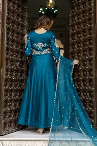 Trendmalls Art Silk Embroidery Work Anarkali Kurta Pant with Net Dupatta Set For Women