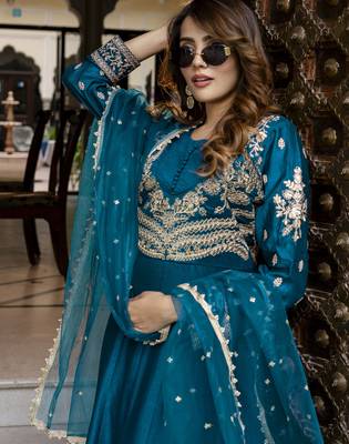 Art Silk Embroidery Work Anarkali Kurta Pant with Net Dupatta Set For Women 4