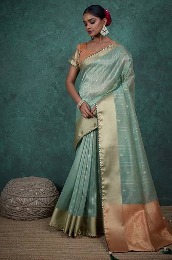 sky blue linen blend woven sequin work saree