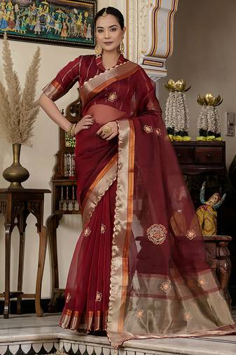 Maroon cutdana work kota linen saree