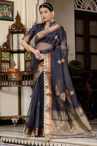 Navy blue cutdana work kota linen saree