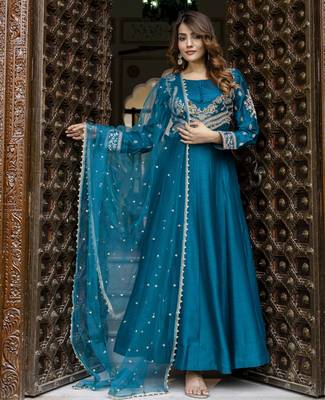 Art Silk Embroidery Work Anarkali Kurta Pant with Net Dupatta Set For Women 7