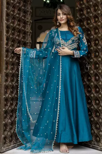 Trendmalls Art Silk Embroidery Work Anarkali Kurta Pant with Net Dupatta Set For Women
