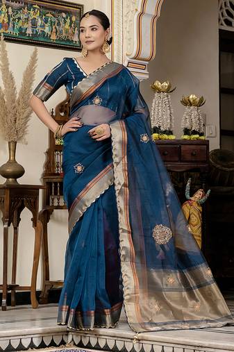 Teal blue cutdana work kota linen saree