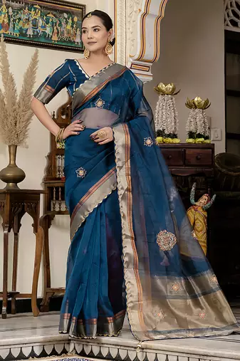 Teal blue cutdana work kota linen saree
