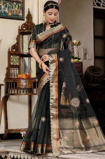 Dark green cutdana work kota linen saree