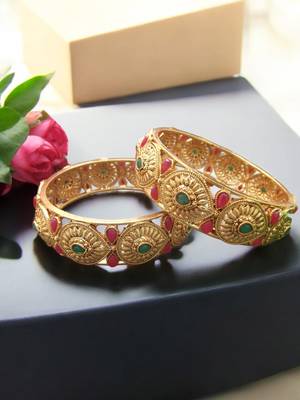 Set of 2 gold plated red & green stone studded bangles 1