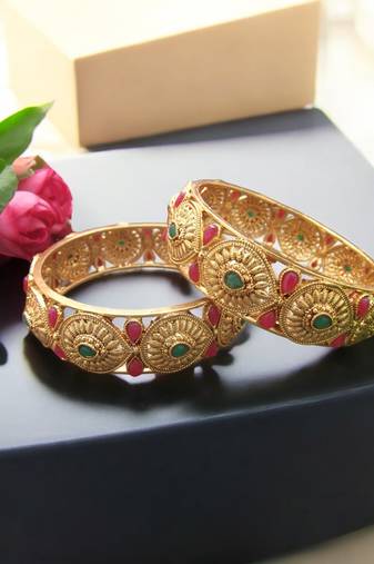 Set of 2 gold plated red & green stone studded bangles