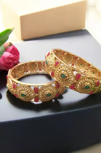 Set of 2 gold plated red & green stone studded bangles
