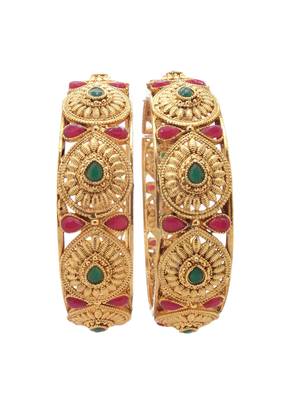 Set of 2 gold plated red & green stone studded bangles 2