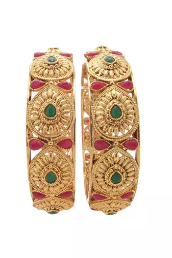Set of 2 gold plated red & green stone studded bangles