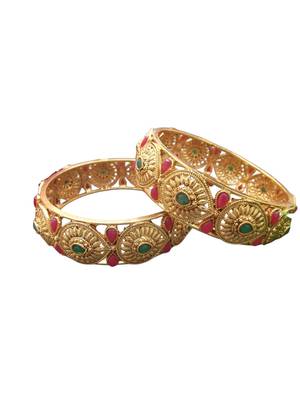 Set of 2 gold plated red & green stone studded bangles 3