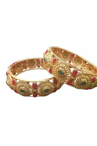Set of 2 gold plated red & green stone studded bangles