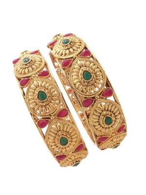 Set of 2 gold plated red & green stone studded bangles 4