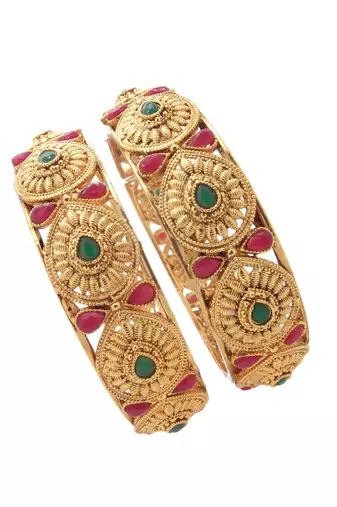 Set of 2 gold plated red & green stone studded bangles