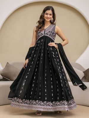 Black Art Silk Embroidery Work Anarkali Kurta Pant with Dupatta Set For Women  1