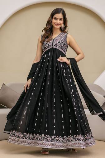 Trendmalls Black Art Silk Embroidery Work Anarkali Kurta Pant with Dupatta Set For Women 