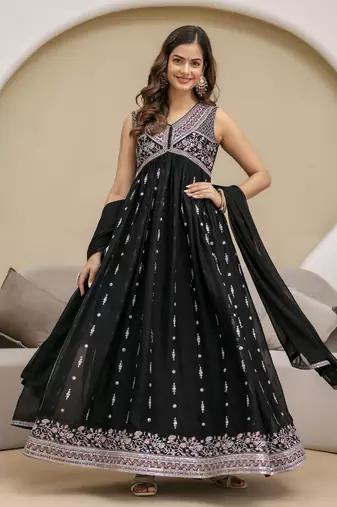 Black Art Silk Embroidery Work Anarkali Kurta Pant with Dupatta Set For Women 