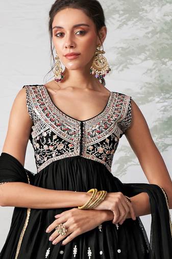 Black Art Silk Embroidery Work Anarkali Kurta Pant with Dupatta Set For Women 