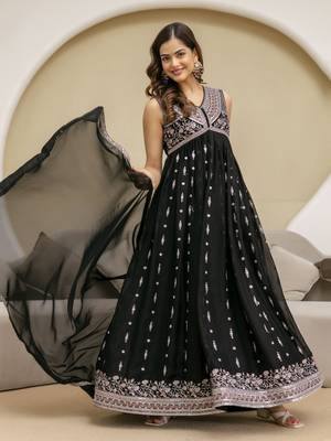 Black Art Silk Embroidery Work Anarkali Kurta Pant with Dupatta Set For Women  4