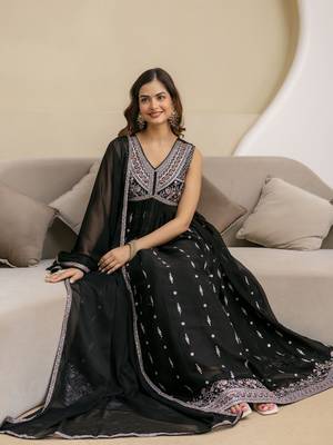 Black Art Silk Embroidery Work Anarkali Kurta Pant with Dupatta Set For Women  5