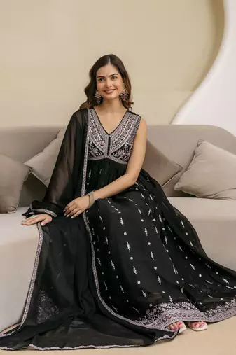 Trendmalls Black Art Silk Embroidery Work Anarkali Kurta Pant with Dupatta Set For Women 