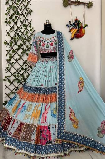 Pastel Blue Printed Lehenga with Colorful Animal Motifs and Elegant Mirror Work