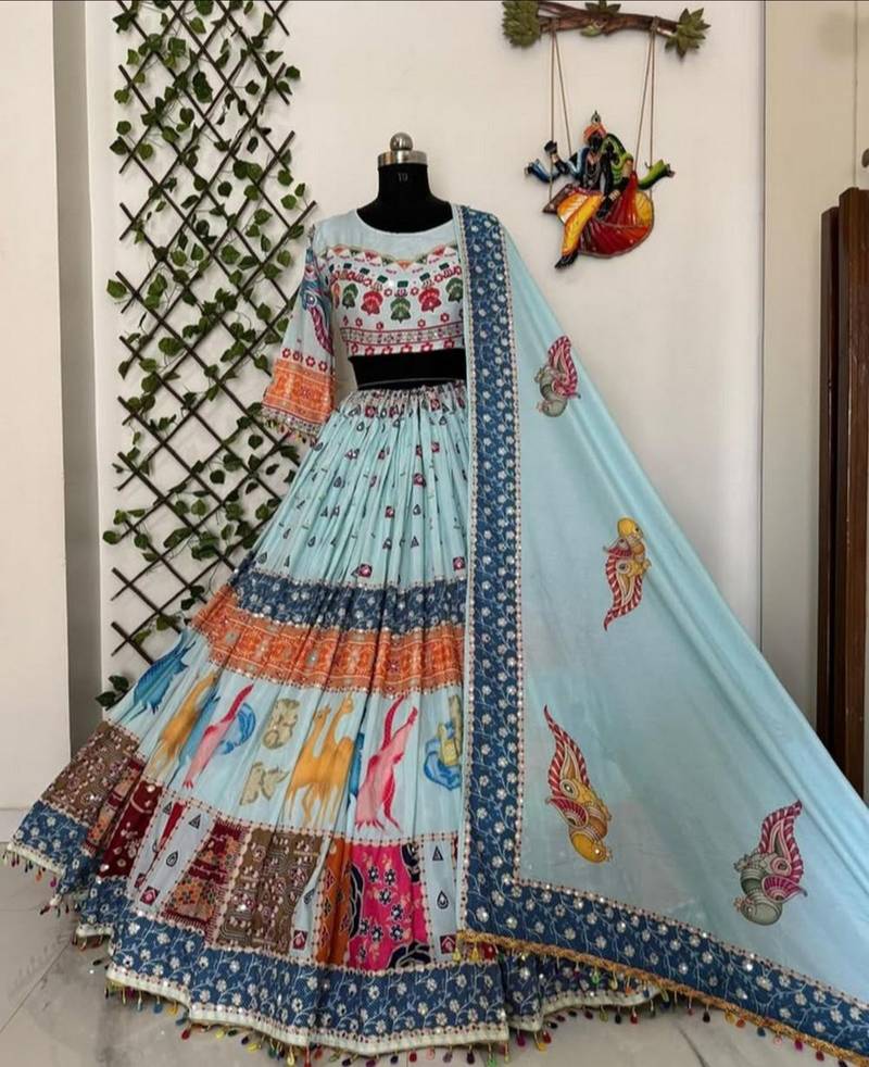 Pastel Blue Printed Lehenga with Colorful Animal Motifs and Elegant Mirror Work