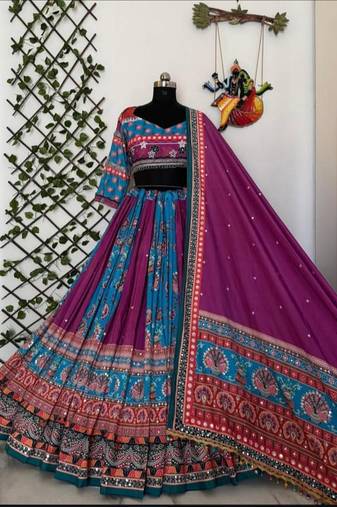 Vibrant Blue and Purple Traditional Lehenga with Intricate Floral Embroidery and Ethnic Detailing