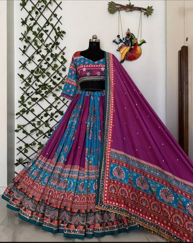 Vibrant Blue and Purple Traditional Lehenga with Intricate Floral Embroidery and Ethnic Detailing