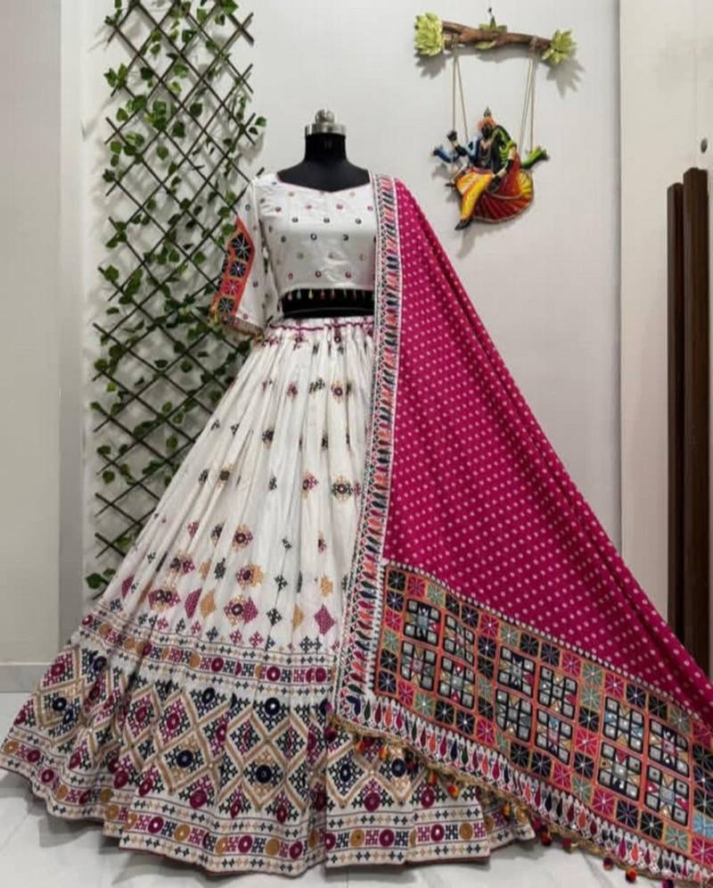 Elegant White Lehenga with Vibrant Multicolor Embroidery and Contrasting Magenta Dupatta