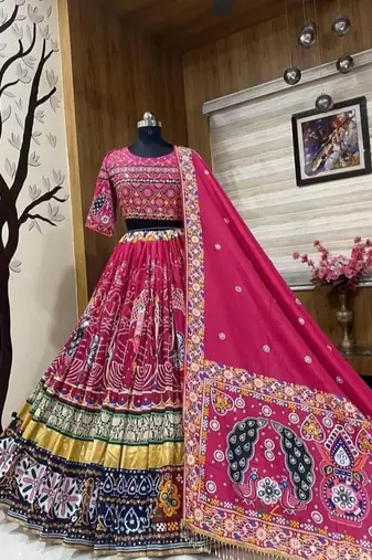 Vibrant Lehenga with Intricate Mirror Work and Digital Prints