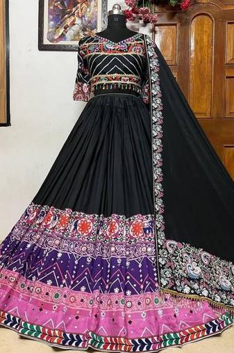 Vibrant Black & Purple Georgette Lehenga with Intricate Kutchi Gamthi Embroidery and Mirror Work