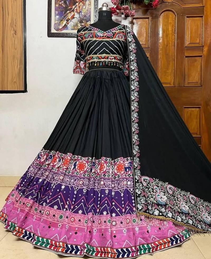 Vibrant Black & Purple Georgette Lehenga with Intricate Kutchi Gamthi Embroidery and Mirror Work