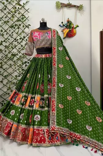 Elegant Olive Green Mirror Work Navratri Lehenga Set