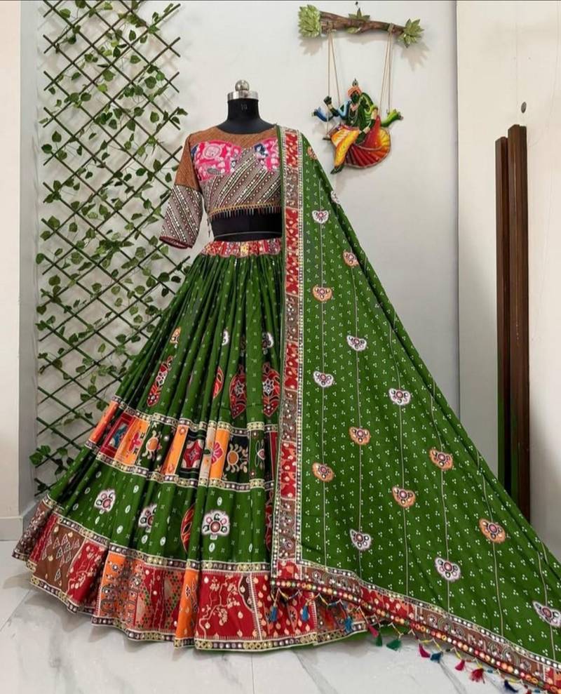 Elegant Olive Green Mirror Work Navratri Lehenga Set