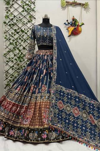 Royal Navy Blue Multicolor Mirror Work Navratri Lehenga Set