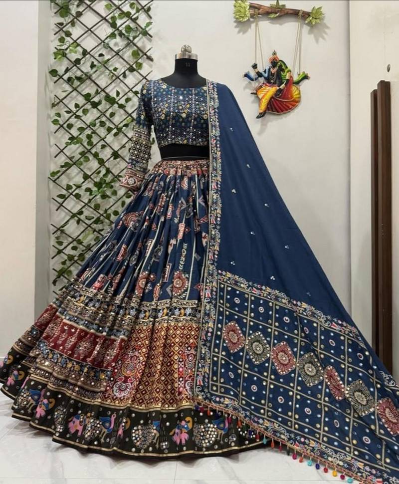 Royal Navy Blue Multicolor Mirror Work Navratri Lehenga Set