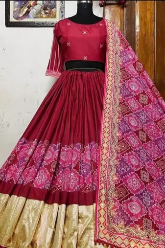 Regal Maroon Bandhani Lehenga with Golden Zari Border and Dupatta