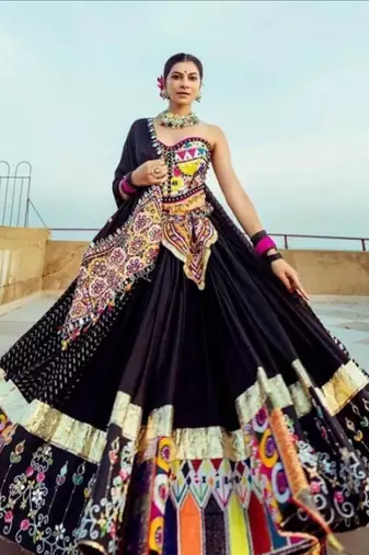 Black Lehenga with Vibrant Patchwork and Intricate Embroidery