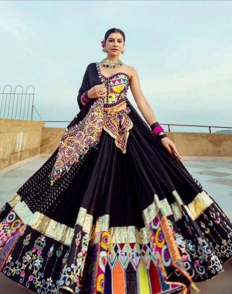 Black Lehenga with Vibrant Patchwork and Intricate Embroidery