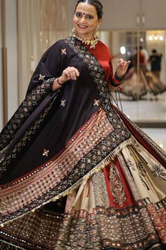 Elegant Black & Beige Printed Lehenga with Embroidered Dupatta
