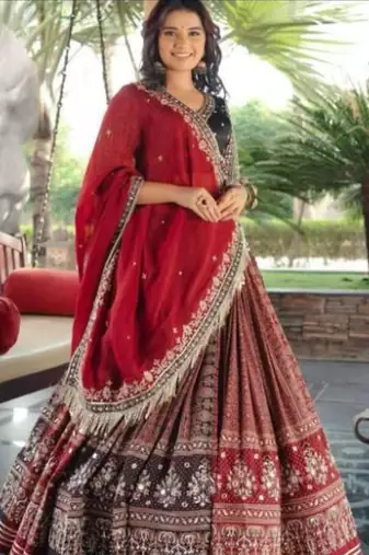 Elegant Traditional Red and Black Embroidered Lehenga with Dupatta