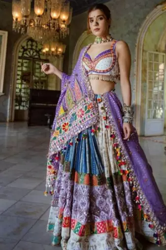 Colorful Patchwork Lehenga with Embroidered Crop Top and Pom-Pom Tassel Dupatta