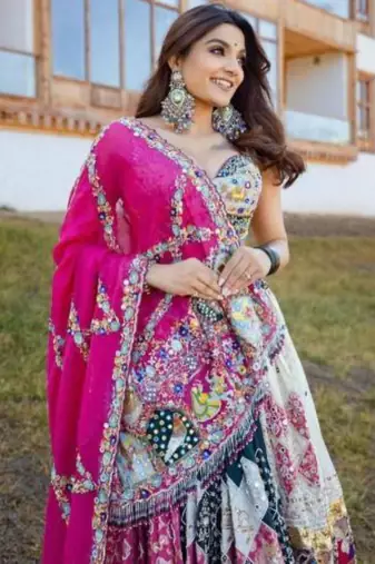 Elegant Multicolor Digital Print Lehenga with Mirror Work and Vibrant Pink Dupatta
