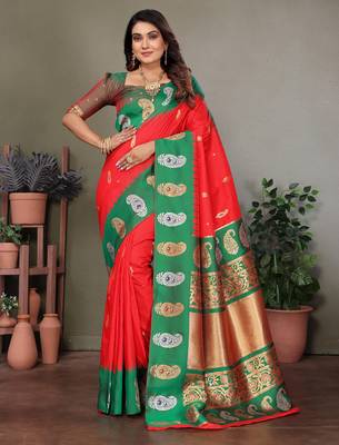 Red silk blend silver golden zari weaving banarasi saree with paisley zari border 1