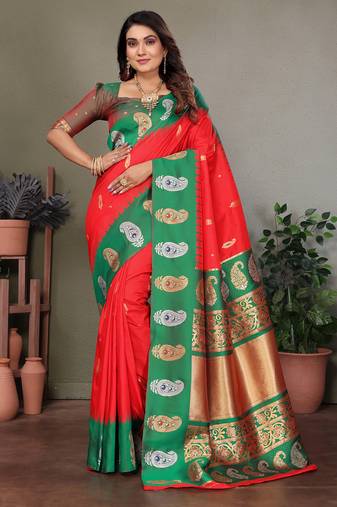 Red silk blend silver golden zari weaving banarasi saree with paisley zari border