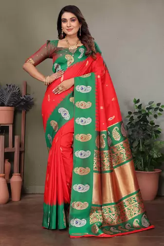 Red silk blend silver golden zari weaving banarasi saree with paisley zari border